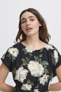 Joella Drawstring Waist Dress - Black Floral