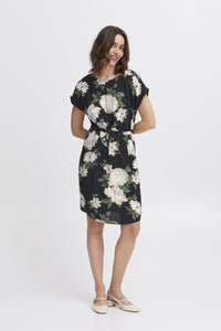Joella Drawstring Waist Dress - Black Floral