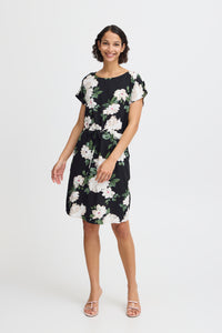 Joella Drawstring Waist Dress - Black Floral