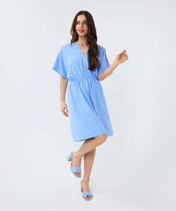 Crinkle V-neck Dress - Light Blue