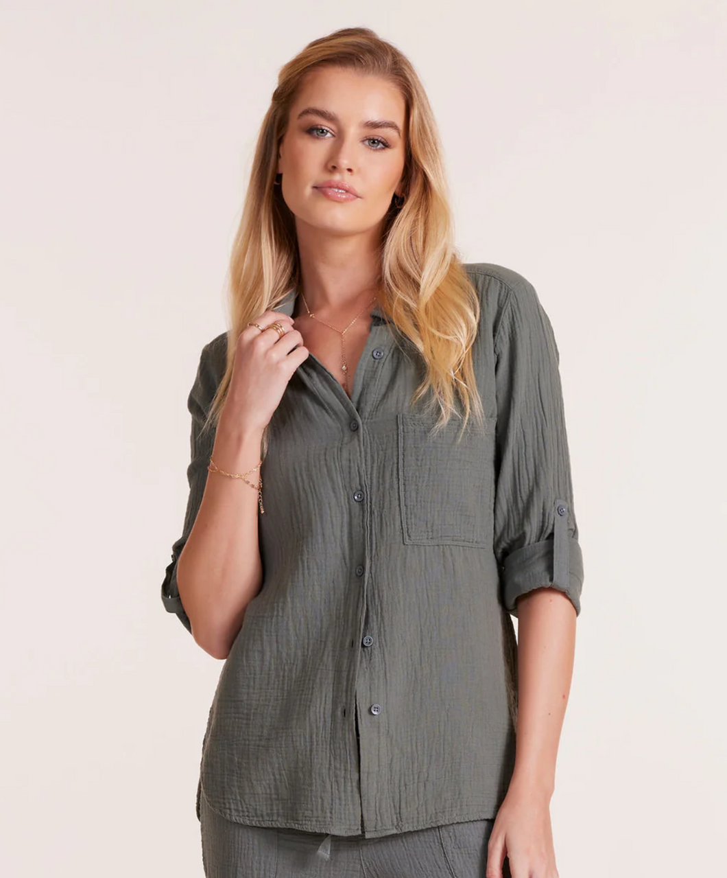 Gauze Cotton Button Down - Dark Sage